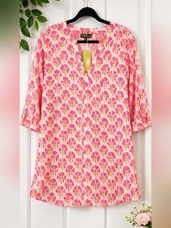 Rockflower Paper Tops - Rock Flower Paper Boho Pink Cotton Kurta Tunic Top Coastal Size Medium